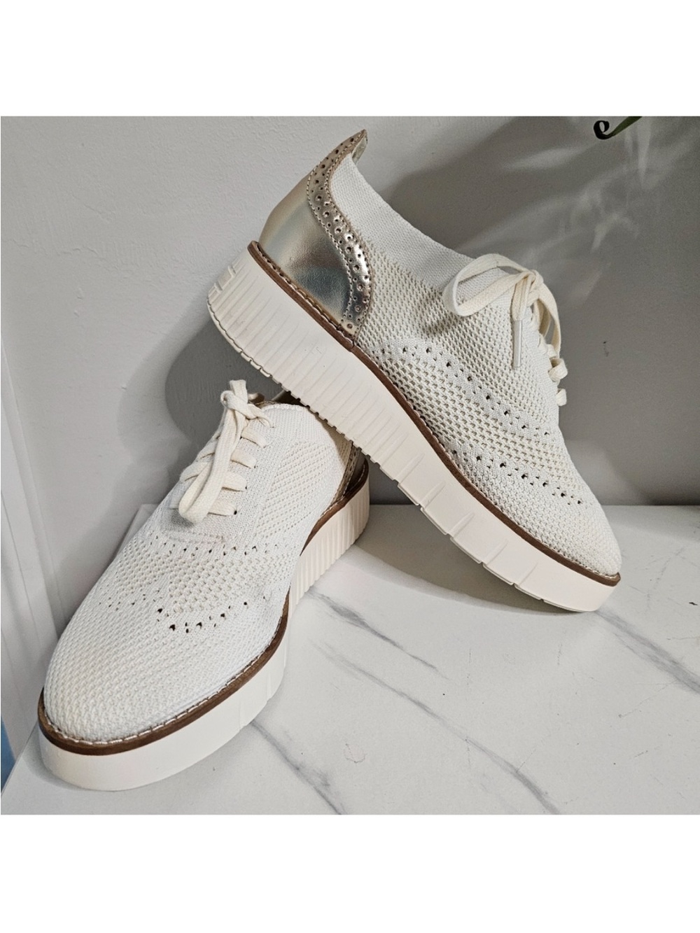 Cole Haan Cream Knit Wingtip Sneakers with Silver Heel